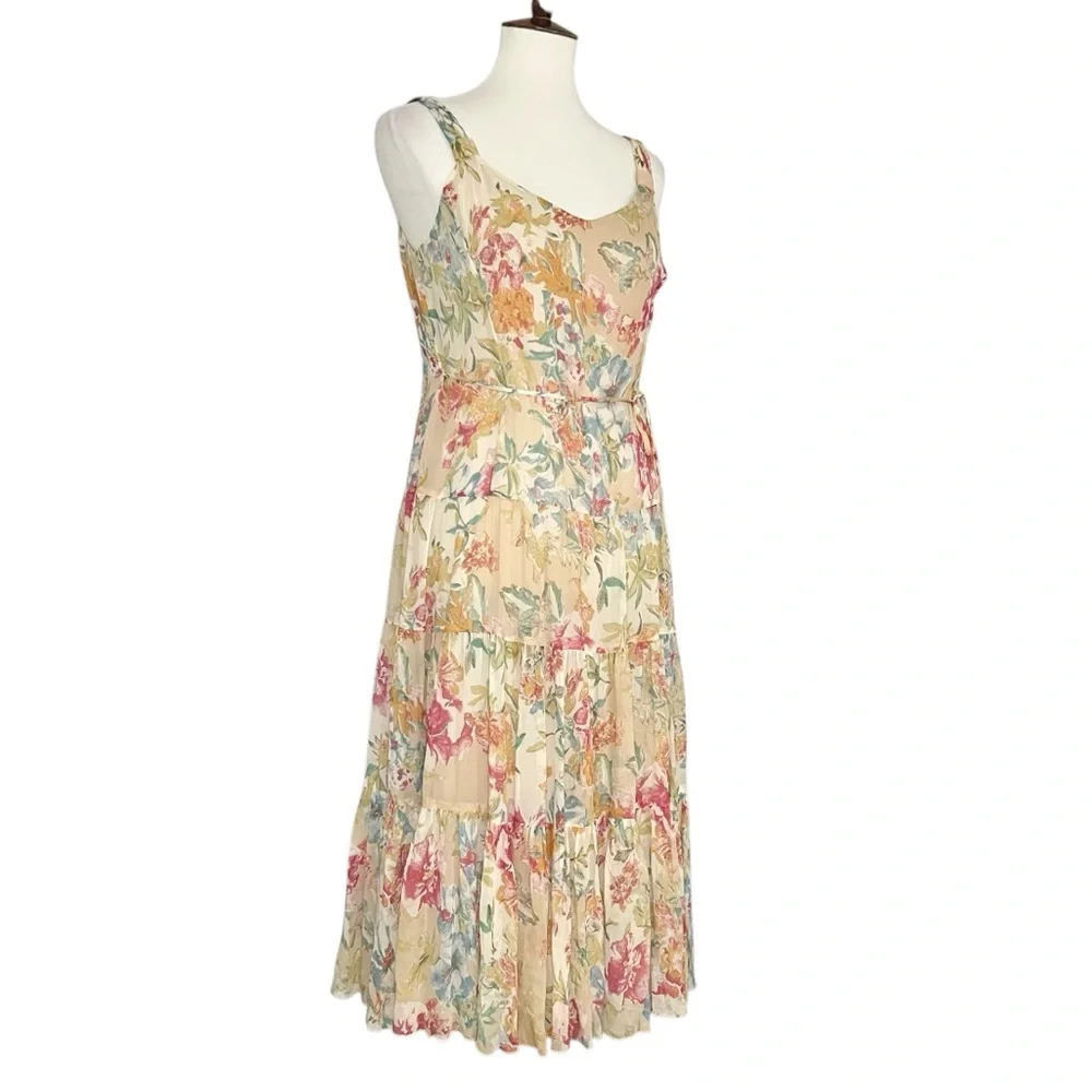 Nine West Floral‎ Sleeveless 100% Silk Tiared Dress Size 10P Dainty - Picture 2 of 12